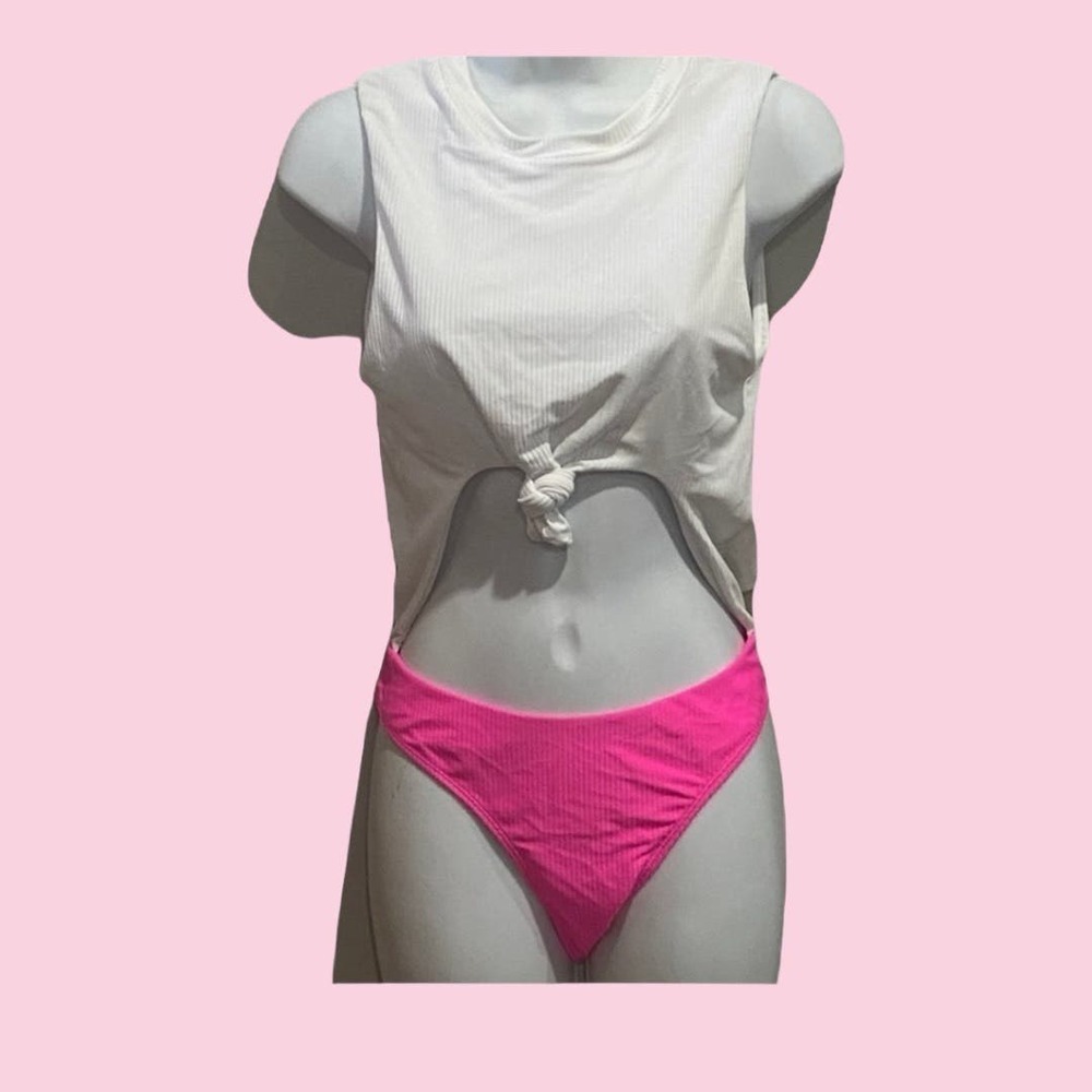 Nwt Medium Kendall & Kylie High Waisted Monokini Neon Pink White Bathing Suit